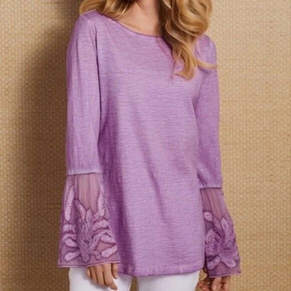 Soft Surroundings Sheer Genius Embroidered Top Sz Medium Petite Boho Peasant